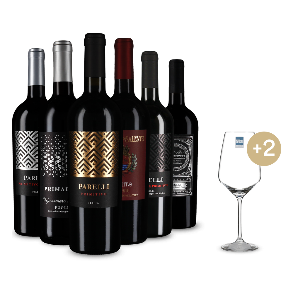 6x1 Primitivo für Entdecker + 2 Weingläser & Gratisversand