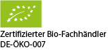Grünes EU-Bio-Logo mit Text "Zertifizierter Bio-Fachhändler DE-ÖKO-007".