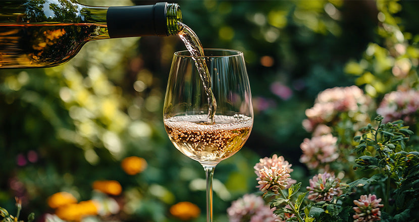 Ein Glas Weißwein wird eingeschenkt, umgeben von blühenden Sommerblumen.