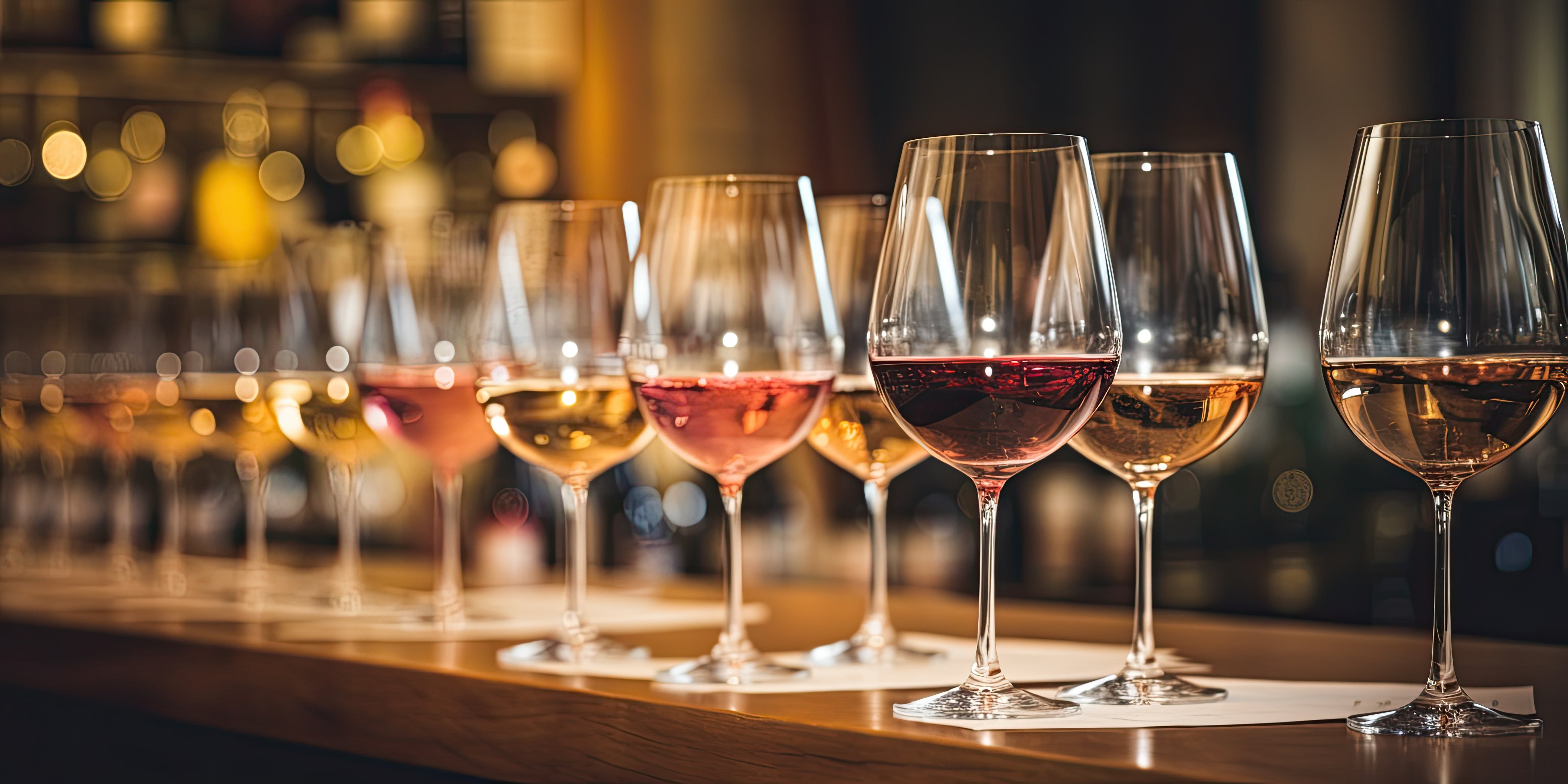 Mehrere Gläser Wein stehen in atmosphärischem Abendlicht auf einer Theke