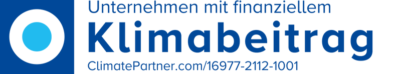 Logo mit Text "Unternehmen mit finanziellem Klimabeitrag" und URL ClimatePartner.com/16977-2112-1001 in Blau.
