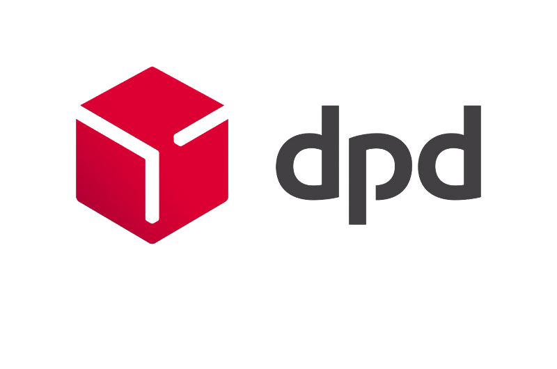 Rotes Würfelsymbol neben dem schwarzen Schriftzug "dpd" auf weißem Hintergrund.