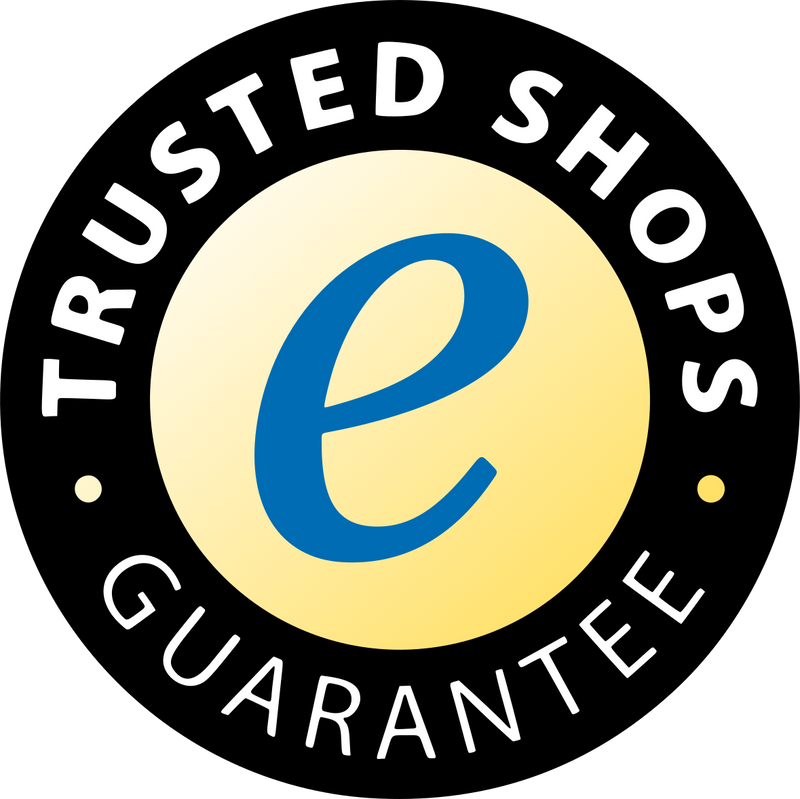 Schwarzes Logo mit gelbem Kreis, blauem „e“ und Text „TRUSTED SHOPS GUARANTEE“ in weißer Schrift.